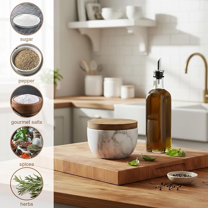Nicunom Marble Salt Cellar with Acacia Wood Lid and Spoon, Elegant Handcrafted Salt Box Pepper Bowl Spice Jar Seasoning Keeper Salt Container for Kitchen Counter