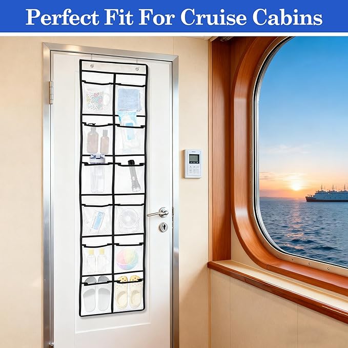 Klmnop 2 Pack Over The Door Organizer For Cruise Ships, 12-Pocket Hanging Storage with 9 Hooks for Cabin, 58x11 Inches, Cruise Essentials for Shoes and Toiletries(White)