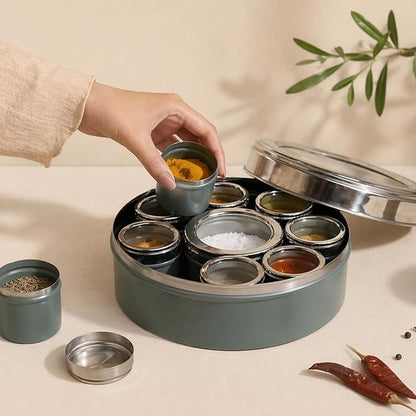 Elan Stainless Steel Masala Box | Spice Storage Container | Masala Dani With 9 Containers and Small Spoon | Masala Dabba For Kitchen See Through Lid | Kitchen Spice Organiser (Moss green)