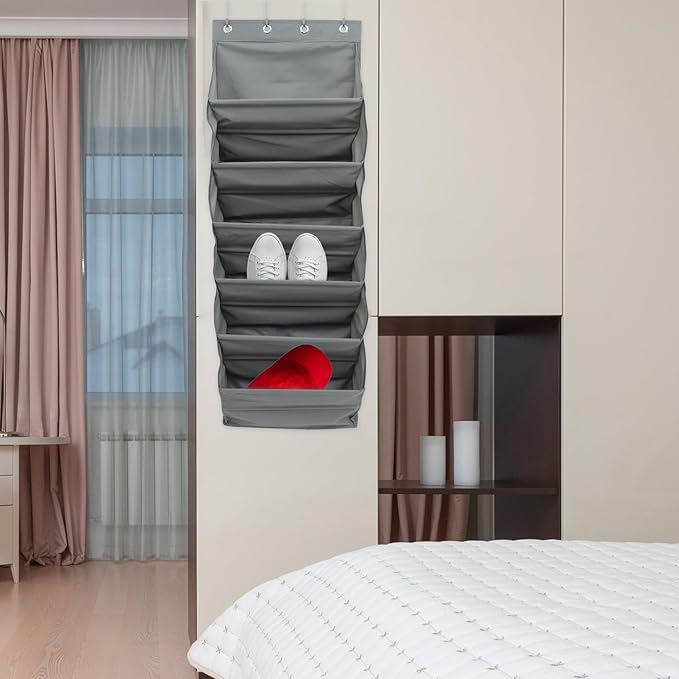 Wall Hanging Bag with Gray Compartments Over Door Storage Organizer with Detachable Hooks for Shoes Slippers Craft Supplies and Household Items in Bedroom Office Dormitory