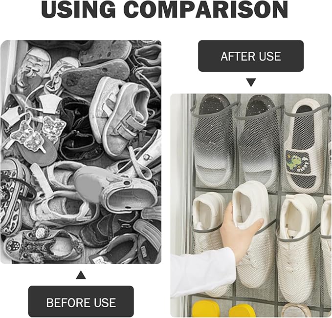 24 Mesh Pocket Over The Door Shoe Organizer, Space Saving Hanging Storage Holder with Hooks, 64x19 Inch White
