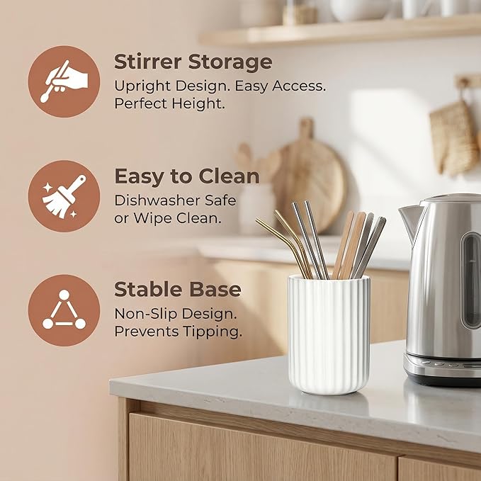 Ceramic Spoon Holder for Coffee Bar, Upright Tea Spoon Holder Cup, Coffee Stirrers Straws Stir Stick Holder, Brown Fluted Surface