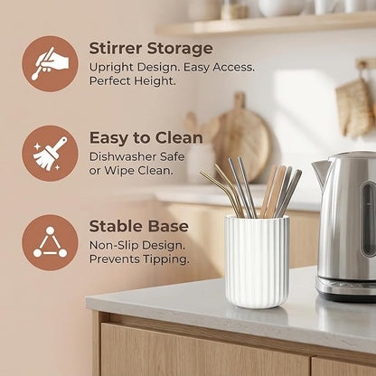 Ceramic Spoon Holder for Coffee Bar, Upright Tea Spoon Holder Cup, Coffee Stirrers Straws Stir Stick Holder, Brown Fluted Surface