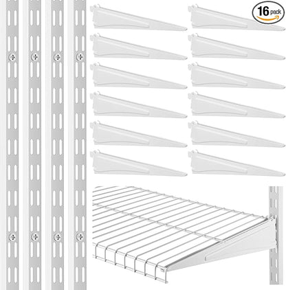 CroBlissful 47.5 Inch Twin Rail Upright Wall Shelving System with 12 Inch Locking Shelf Bracket Adjustable Closet System Heavy Duty Metal Support for Deep Wire Shelving Closet (16 Pcs)