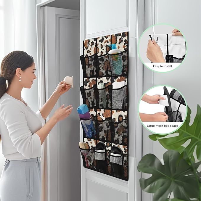 Brown Over The Door Shoe Organizer 12 Pockets Over The Door Hanging Organizer for Kids Room Toys Cowhide Spotted Shoe Holder Hanger Space Saving Wall Hanging Storage for School