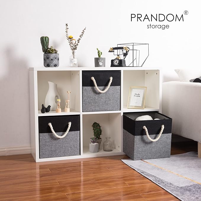 PRANDOM Large Foldable Cube Storage Bins 11x11 inch [4-Pack] Fabric Linen Storage Baskets Cubes Drawer with Cotton Handles Organizer for Shelves Nursery Closet Bedroom Black