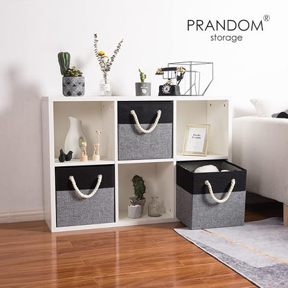 PRANDOM Large Foldable Cube Storage Bins 11x11 inch [4-Pack] Fabric Linen Storage Baskets Cubes Drawer with Cotton Handles Organizer for Shelves Nursery Closet Bedroom Black