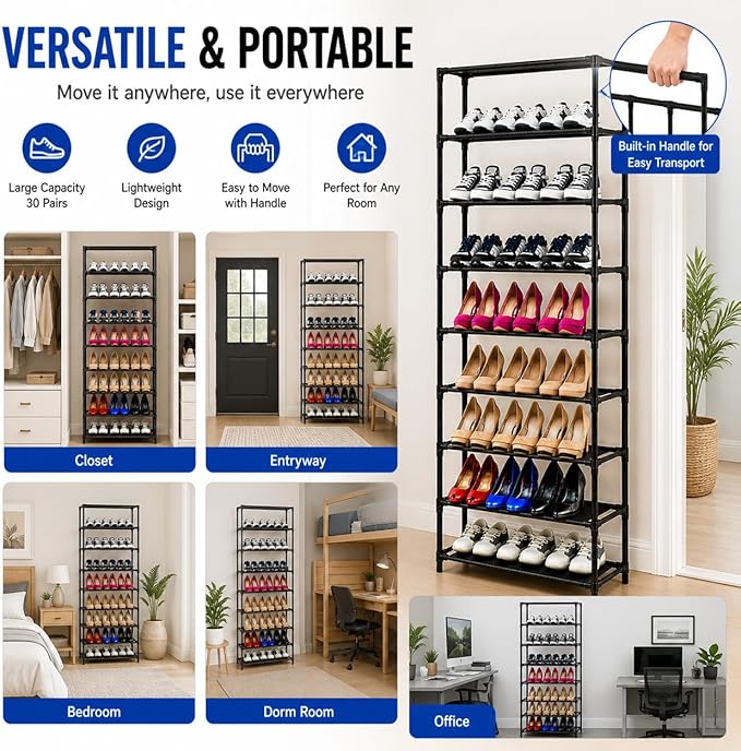 10 Tiers Tall Shoe Rack, 30 Pairs Large Capacity Shoe Organizer, Durable Steel & Non-Woven, Portable with Handle, Easy to Assemble for Closet, Bedroom, Dorm, 24.5 x 12 x 60''