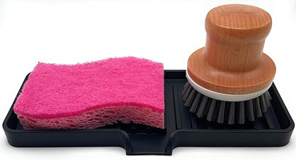 Silicone Soap Dish Tray and Sponge Holder with Drain Chute, Rectangular, Kitchen and Bathroom Sink Organizer (Black, 9"x3.5")
