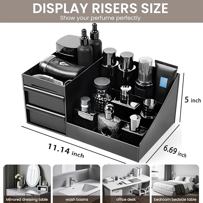 Mens Perfume Organizer, Mens Cologne Organizer,Countertop Organizer With Drawers for Cologne, Deodorant, Beard, Shaving Lotion, Perfume & Skincare - Perfect for Bathroom & Bedroom Storage (Black)