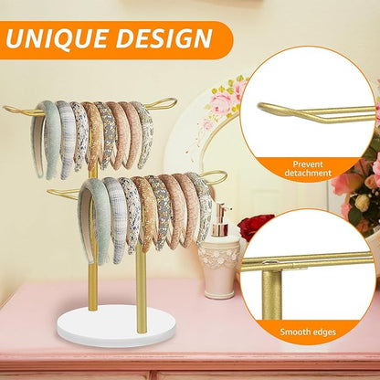 Headband Holder Organizer, Metal Hair Hoop Display Stand Headband Organizer Storage Hair Ropes Accessories Bracelets, for Women Girls Bedroom Decor, College Dorm Room Decor (Double Layer)
