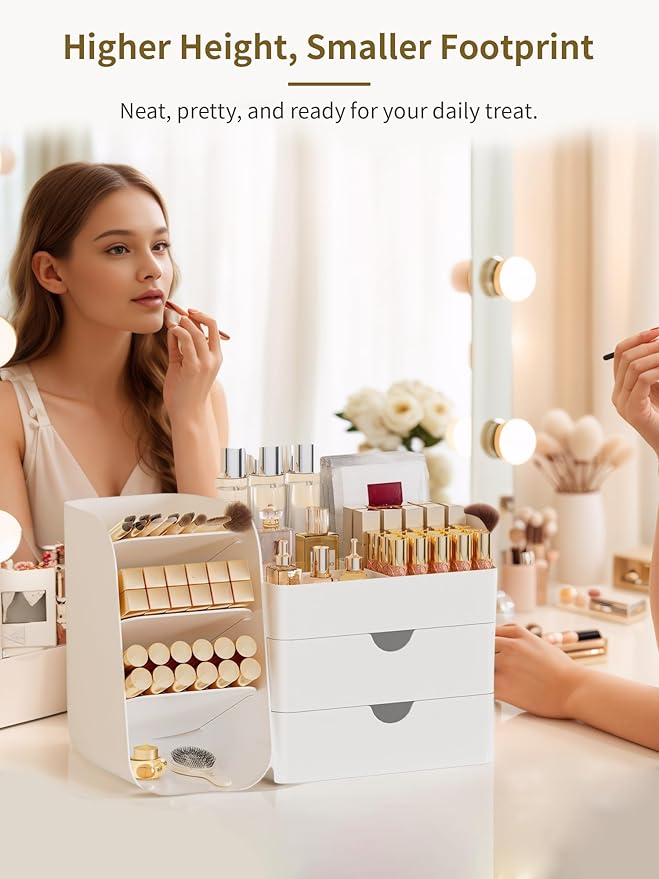 Booklov Makeup Organizer for Vanity, Countertop Cosmetic Display Case with Drawers, Bathroom Counter Beauty Caddy, Comfyroom Table Storage Holder for Skincare, Brush Eyeliner Eyeshadow Lipstick, White