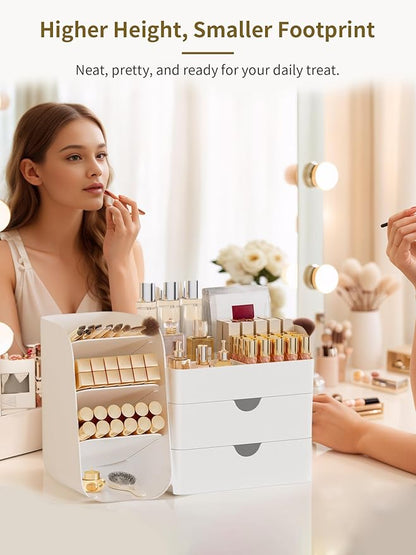 Booklov Makeup Organizer for Vanity, Countertop Cosmetic Display Case with Drawers, Bathroom Counter Beauty Caddy, Comfyroom Table Storage Holder for Skincare, Brush Eyeliner Eyeshadow Lipstick, White