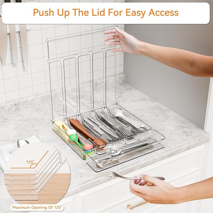 Yieach Clear Silverware Organizer with Lid - 12 inch Wide - Large Silverware Drawer Organizer & Tray and Utensil Drawer Organizers with Lid,BPA Free Plastic Flatware Drawers Organizers for Fork,Spoon