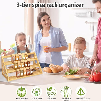Premium Spice Rack - 3 Tier Bamboo Spice Rack Organizer - Spice Organization for Kitchen Cabinet/Countertop