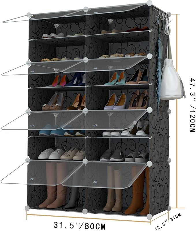 Shoe Rack Organizer, 32 Pair Shoe Storage Cabinet with Door Expandable Plastic Shoe Shelves for Closet,Heels,Boots,Slippers,8 Tier