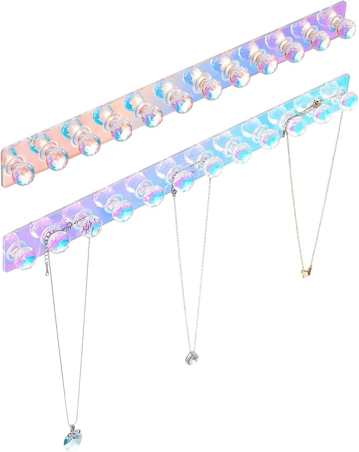 Heesch Necklace Holder, Acrylic Necklace Hanger, Wall Mount Necklace Organizer, Jewelry Hooks for Necklaces, Bracelets, Chains (2-pack Iridescent)