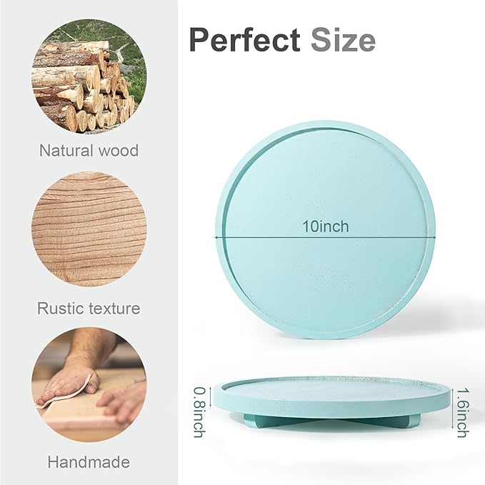 Round Decorative Tray Wood Bathroom Counter Organizer Farmhouse Kitchen Decor Wooden Riser for Soap Dish, Perfume, Candle, Sponge, 10" - Light Blue