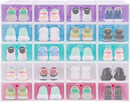 20 PCS Shoe Storage Boxes,Clear Plastic Colorful Shoebox Stackable Shoe Organizer Foldable Display Box Container Closet Shelf Display Case Ventilation