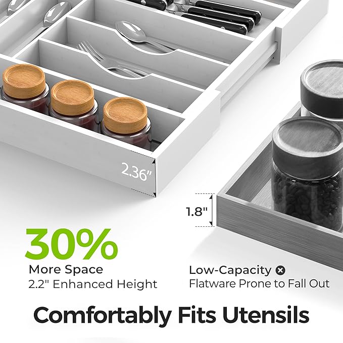 Bamboo Kitchen Drawer Organizer, Expandable Silverware Organizer with Removable Knife Block, 6-8 Slots- Utensil Holder & Cutlery Tray Drawer Dividers, 2.36" Deep for Extra Capacity, White