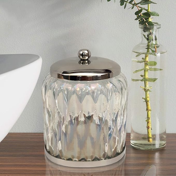 nu steel Glacier Rainbow Q tip Holder, Bathroom Vanity Glass Storage Organiser Canister, Apothecary Jar for Cotton Swabs, Round Cotton Balls, Rainbow Lustre Finish