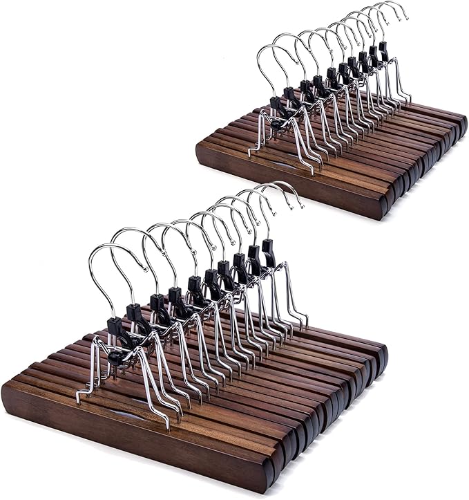Nature Smile Wooden Pants Hangers Non Slip Smooth Finish Solid Wood Clamp Skirt Hanger Hair Extension Hangers with 360° Swivel Hook (20Pcs, Retro)