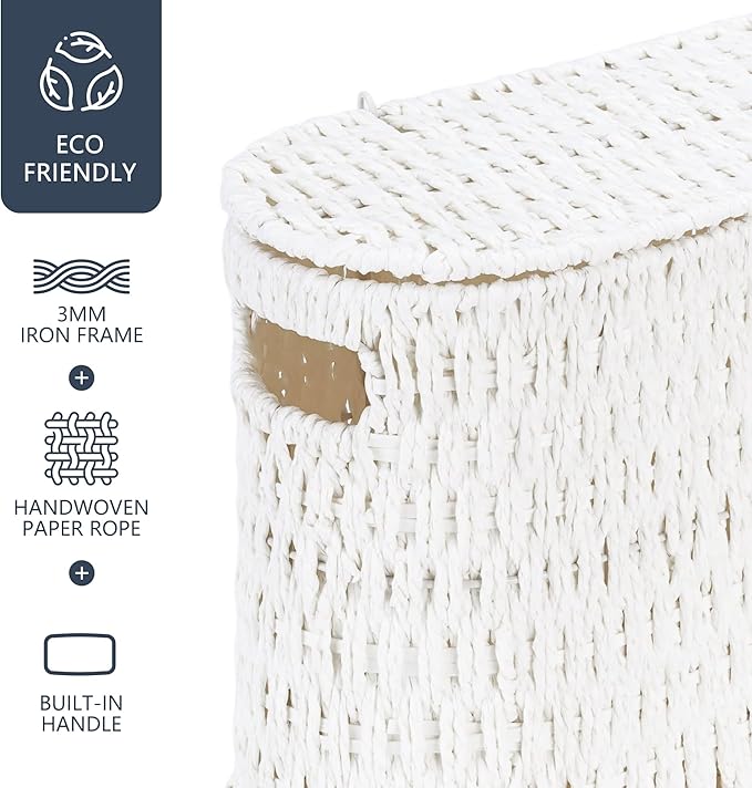 Coeusy Toilet Paper Storage Basket with Lid, Paper Rope Toilet Paper Holder for Up to 6 Mega Rolls, Wicker Basket for Bathroom Accessories Organizer, Boho Hand Woven Rattan Decorative Decor, White