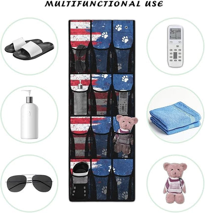 American Flag Over Door Organizer for Stuffies Collapsible Back of Door Shoe Organizer Large Capacity 4 Shelf 12 Clear Pockets Hanging Storage Bag for Shoes Cell Phones Belts Cookies