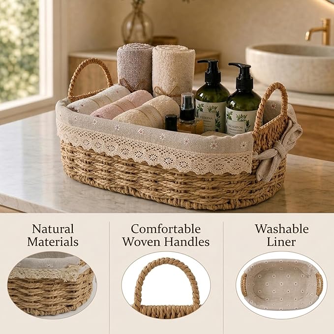 2 Pcs Wicker Basket, Small Woven Storage Baskets with Handles & Liner, Oval Boho Paper Rope Cute Baskets for Gift, Decor, Pantry, Shelf, Table Organizer