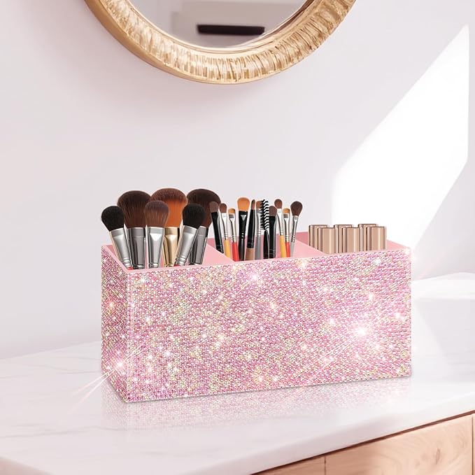 Bling Makeup Brush Holder Organizer, 3 Slot Sparkle Cosmetics Brushes Storage Holders with Shiny Rhinestones, Glitter Cute Pen and Pencil Holder for Desk, Eyeliners Display Case for Vanity（Pink）