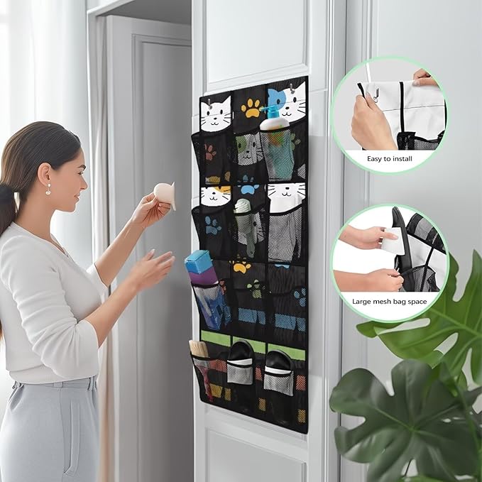Cats Over the Door Organizer with 12 Mesh Pockets - Breathable Design for Bath Towels, Toiletries, Makeup (Waterproof Lining)