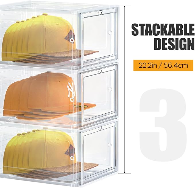 SCAVATA Hat Organizer Box, Stackable Clear Baseball Caps Holder Box Containers with Magnetic Door for Hats Snapback Cap Storag, Hat Rack Display Case, Holds 8 Hats Each (Clear, 6 Pack)