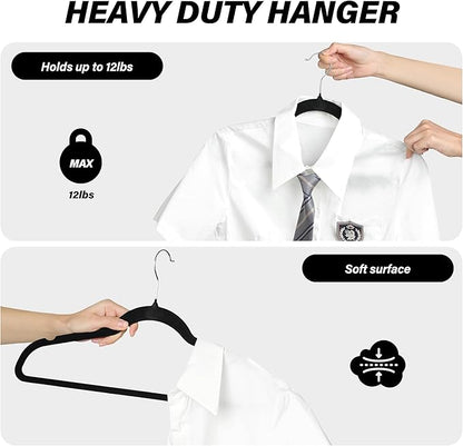 Simple Deluxe Velvet Hangers 50 Pack, Non-Slip Clothes Hangers with Shoulder Notches, 360° Swivel Hooks, Heavy Duty Coat Suit Hangers for Closet Space Saving, Black