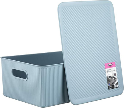 Superio Ribbed Collection - Decorative Plastic Basket Open Home Storage Bins Organizer, Blue Container Boxes for Organizing Closet Storage Bins for Shelves (Bin with Lid- Large (15 Liter), 1 Pack)