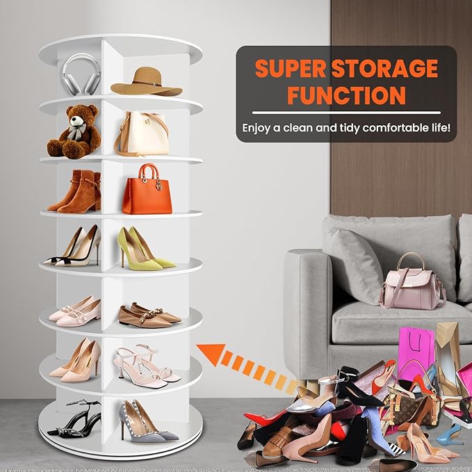 RUNSUNSPRI 7 Tier Rotating Shoe Rack Corner Organizer 360°Rotating Shoe Rack Tower Spinning Shoe Rack Tower for Bedroom Entryway Closet Holds 28-32 Pairs of Shoes Handbags Hats Display Decor