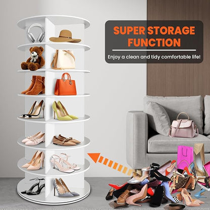 RUNSUNSPRI 7 Tier Rotating Shoe Rack Corner Organizer 360°Rotating Shoe Rack Tower Spinning Shoe Rack Tower for Bedroom Entryway Closet Holds 28-32 Pairs of Shoes Handbags Hats Display Decor