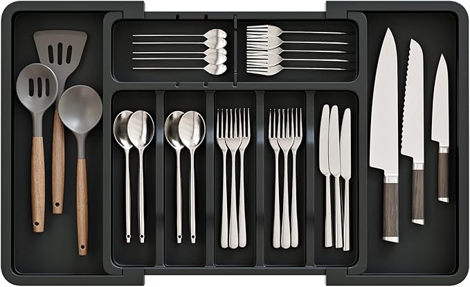 ABHENG Silverware Organizer, Expandable and Adjustable Kitchen Utensil Drawer Organizer, Plastic Cutlery Holder with Multiple Compartments, Cutlery Holder,for Spoons Forks Knives, Black, UAFD011B