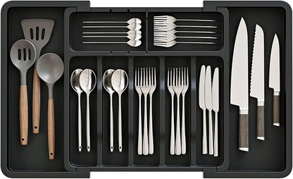 ABHENG Silverware Organizer, Expandable and Adjustable Kitchen Utensil Drawer Organizer, Plastic Cutlery Holder with Multiple Compartments, Cutlery Holder,for Spoons Forks Knives, Black, UAFD011B