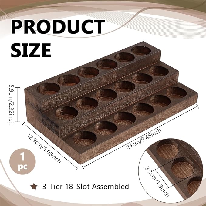 BENECREAT 3-Tier 18 Slots Wooden Essential Oil Organizer, Vintage Brown Wood Essential Oil Display Stand Makeup Storage Rack for Tabletop Essential Oils Perfume Nail Polish, Slot ID: 1.3inch