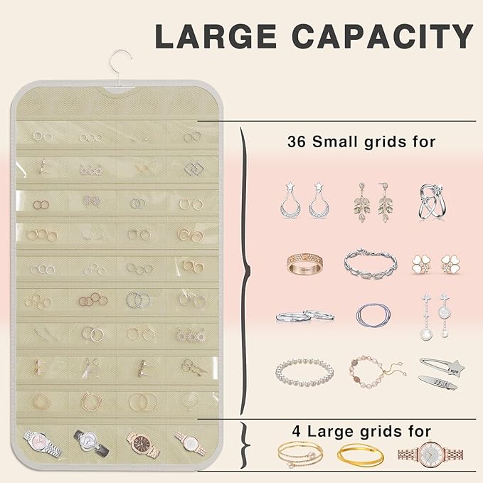 Hanging Jewelry Organizer Storage, 40 Pockets 36 Hooks Necklace Earring Bracelet Ring Organizer, Double - Sided Design, White and Beige