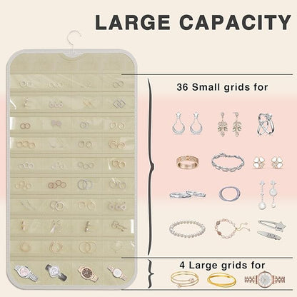 Hanging Jewelry Organizer Storage, 40 Pockets 36 Hooks Necklace Earring Bracelet Ring Organizer, Double - Sided Design, White and Beige