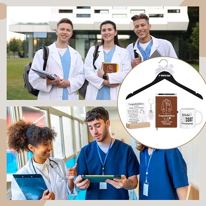 Gerrii 6 Pcs White Coat Ceremony Gifts for Men Women Include First White Coat Hanger Keychain Pen Notebook Ceramic Mug and Wooden Base for Veterinary Pt Nurse Podiatrist Medical Graduation Gift