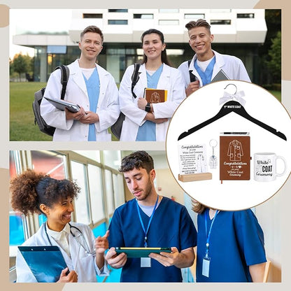 Gerrii 6 Pcs White Coat Ceremony Gifts for Men Women Include First White Coat Hanger Keychain Pen Notebook Ceramic Mug and Wooden Base for Veterinary Pt Nurse Podiatrist Medical Graduation Gift