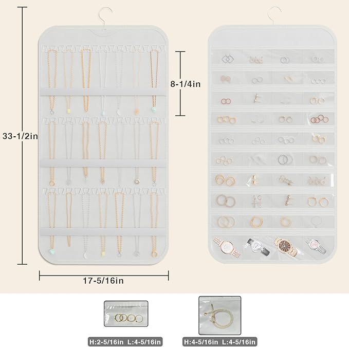Hanging Jewelry Organizer Storage, 40 Pockets 36 Hooks Necklace Earring Necklace Bracelet Ring Organizer, Double - Sided Design, White