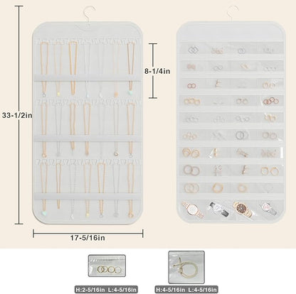 Hanging Jewelry Organizer Storage, 40 Pockets 36 Hooks Necklace Earring Necklace Bracelet Ring Organizer, Double - Sided Design, White