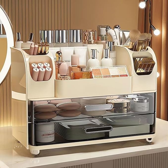 Makeup Organizer with Drawers for Vanity,Bathroom Countertop Organizer with Brushes Holder,Skincare Storage Organizer for Lipsticks,Nail Polishes, Perfumes,Eyeshadow Palettes (Cream)