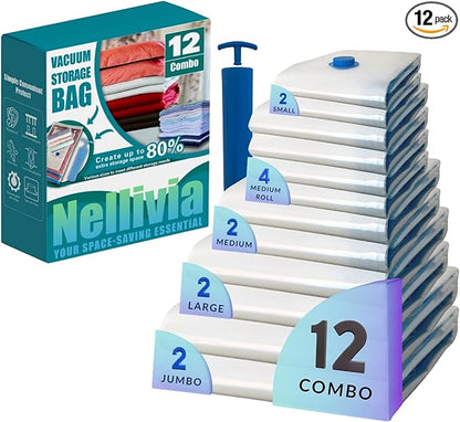 12 Pack Vacuum Storage Bags with Hand Pump, Compression Space Saver for Comforter, Bedding, Blanket Storage, Vacuum Seal Bags for Clothing, Travel Luggage Suitcase and Closet Organizer