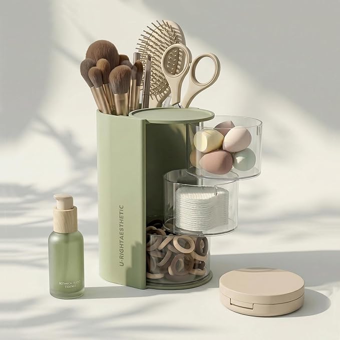 Hair Accessories Organizer with Hair Brush Holder, Rotatable Scrunchie Holder, Bathroom Vanity Makeup Brush holder for Necklaces, Earring, Bracelet, Ring, Hair Clip,Qtip, Makeup Brushes