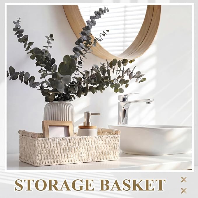Boao 3 Pcs Boho Storage Wicker Baskets Handmade Woven Decorative Paper Rope Baskets for Organizing with Handle Countertop Toilet Paper Storage Container for Toilet Tank Top (Beige,Rectangle)