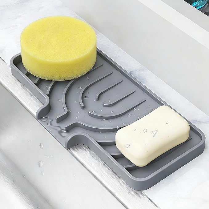 Sponge Holder for Kitchen Sink, Dish Sponge Holder & Soap Tray with Drain, Bathroom Sink Sponge Drying Rack & Perfect Organizer for Dispenser,Bottle,Cup on Sinks or Counter(10"x 4"Gray)